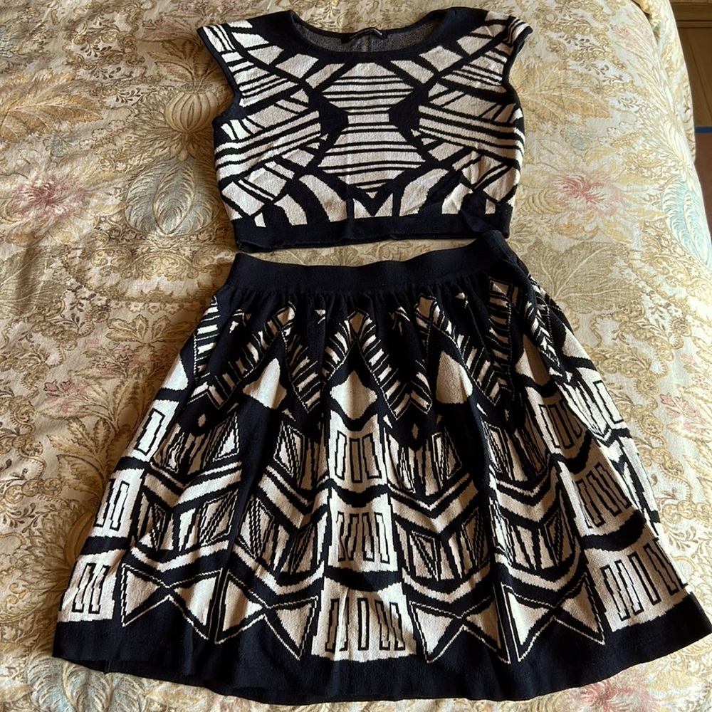 Knit 2 piece crop top and skirt, black and cream
